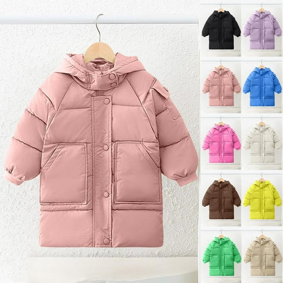 TAGOLD Kids Winter Coat 2-13 Years Kids Outerwear Coats Solid Long Sleeve Hooded Thickened Mid-Length Quilted Coat Warm Casual for Kids