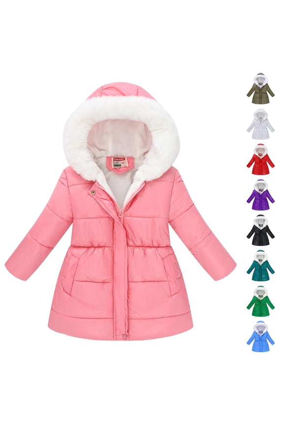 Kids Winter Coat Long Sleeve Waist - Cinching Hooded Padded Jacket with Collar, Boys Girls Outerwear