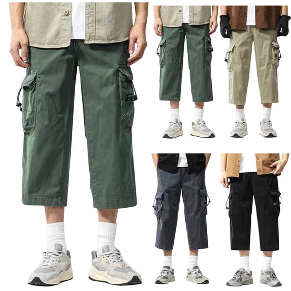 TAGOLD Mens Cargo Capris Pants Elastic Waist Zipper Pocket 8 Length Summer Work Casual Trousers