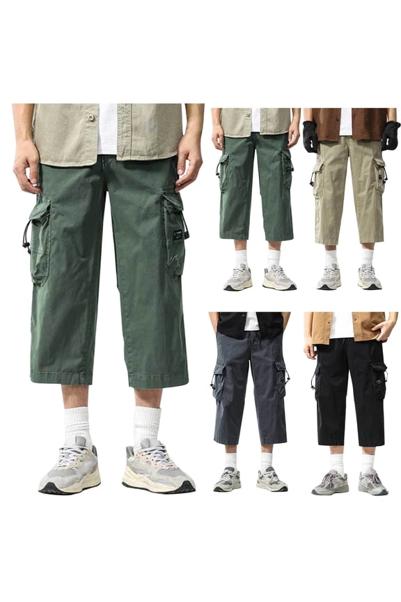 Mens Cargo Capris Pants Elastic Waist Zipper Pocket 8 Length Summer Work Casual Trousers