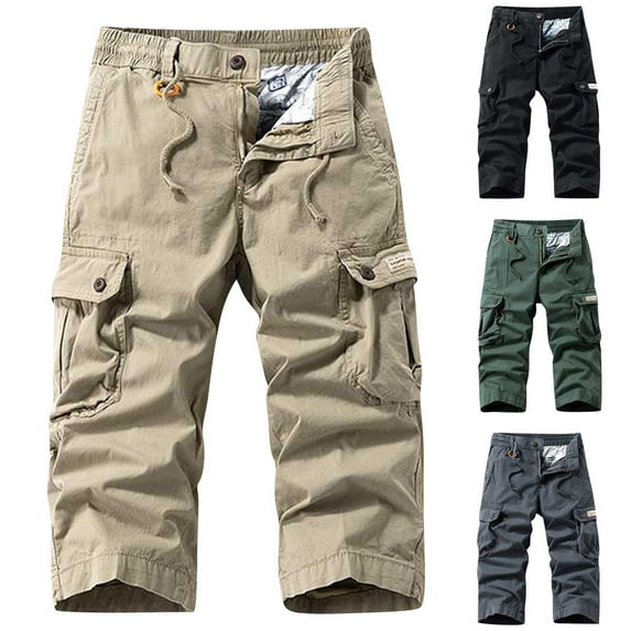 TAGOLD Mens Cargo Capris Pants Elastic Waist Zipper Pocket Knee Length Summer Lightweight Work Pants