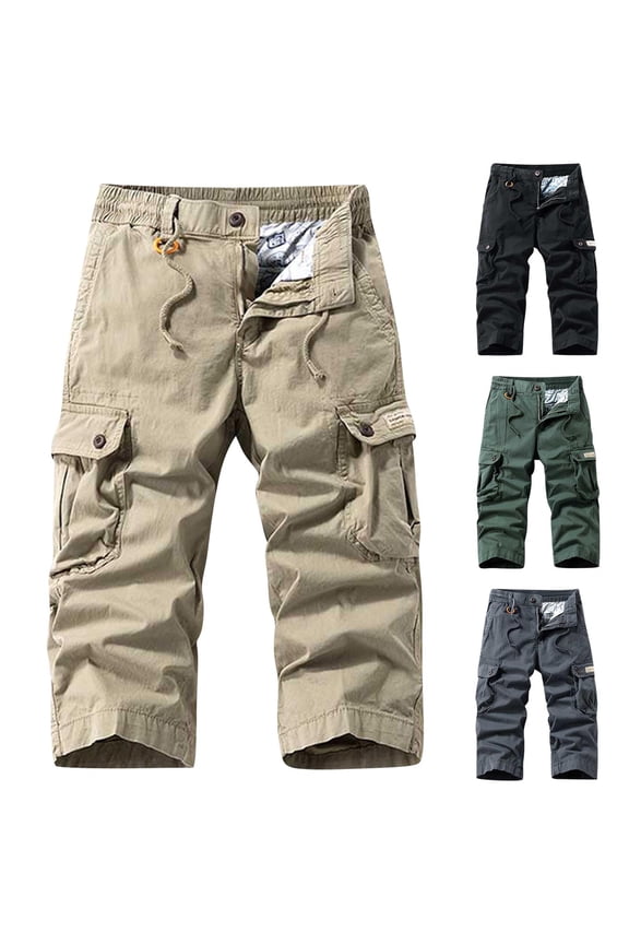 Mens Cargo Capris Pants Elastic Waist Zipper Pocket Knee Length Summer Lightweight Work Pants
