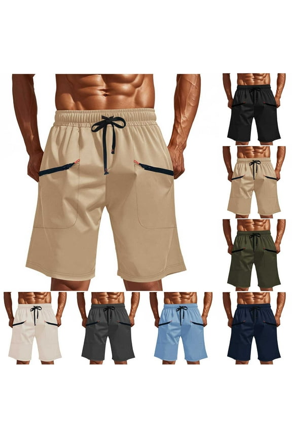 Mens Cargo Capris Pants Solid Color Drawstring Elastic Waist Zipper Multi Pocket Workwear Casual Shorts