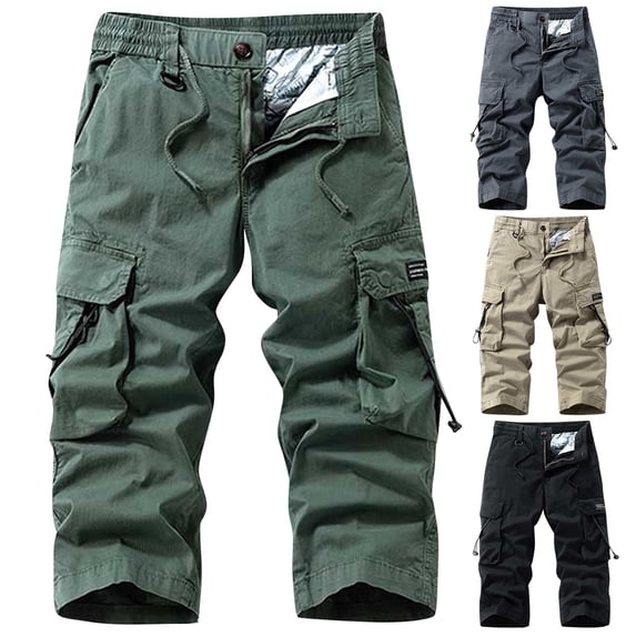 TAGOLD Mens Cargo Capris Pants Solid Color Elastic Waist Zipper Pocket 8 Length Summer Casual Wear