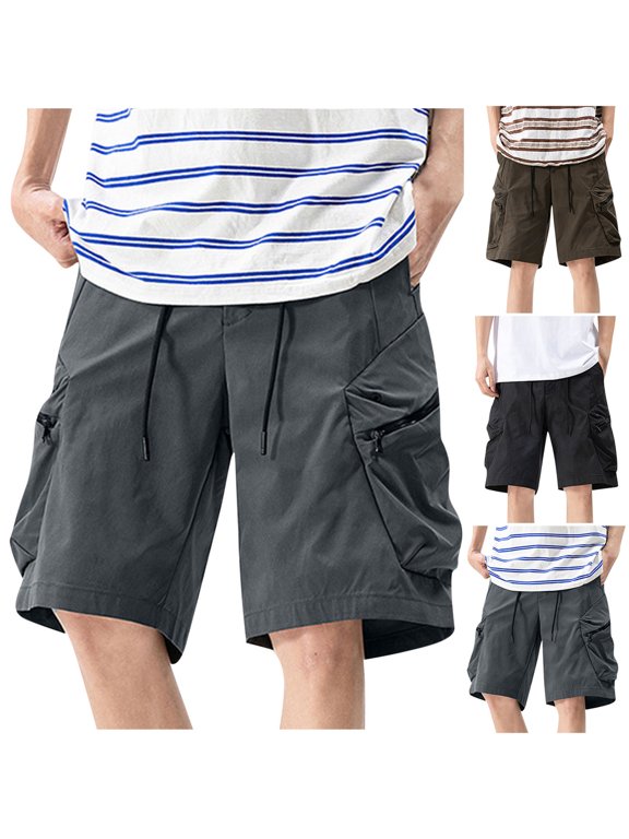 Mens Half Shorts Pants Solid Color Drawstring Elastic Waist Multi Pocket Workwear Summer Shorts