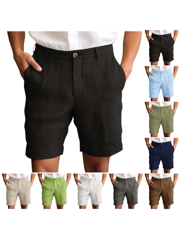 Mens Half Shorts Pants Solid Color Linen Button Zipper Pocket Casual Shorts