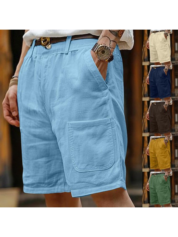 Mens Half Shorts Pants Solid Color Linen Like Beach Pocket Button Zipper Mid Thigh Shorts