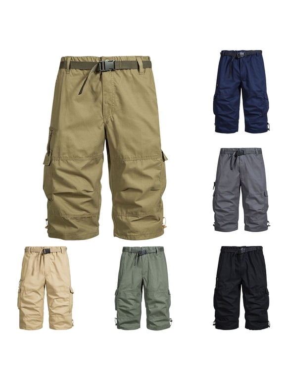 Mens Half Shorts Pants Solid Color Multi Pocket Workwear Belted Fashion Lightweight Summer Shorts