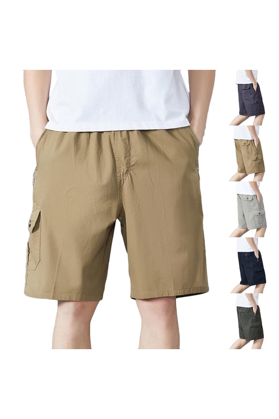 Mens Half Shorts Pants Solid Color Multi Zipper Pocket Elastic Waist Casual Workwear Mens Shorts