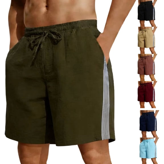 TAGOLD Mens Half Shorts Pants Solid Color Striped Webbing Drawstring Elastic Waist Slant Pocket Shorts