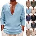 thumbnail image 1 of TAGOLD Mens Long Sleeve V-Neck Blouses & Shirts Solid Color Linen Loose Casual Wear Top, 1 of 5