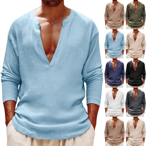 TAGOLD Mens Long Sleeve V-Neck Blouses & Shirts Solid Color Linen Loose Casual Wear Top