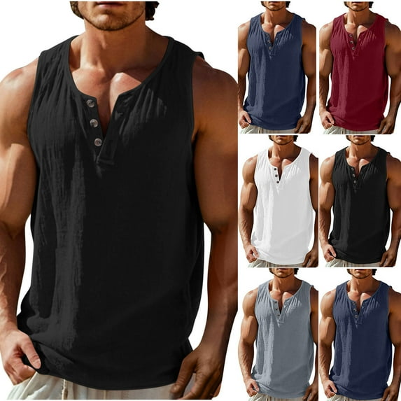 TAGOLD Mens Summer Round-Neck Tank Top Solid Color Linen Button Front Casual Wear Top