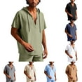 thumbnail image 1 of TAGOLD Mens Summer Short Sleeve Hooded Blouse Solid Color Linen Drawstring Button Casual Wear Top, 1 of 4