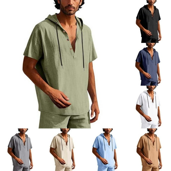 TAGOLD Mens Summer Short Sleeve Hooded Blouse Solid Color Linen Drawstring Button Casual Wear Top