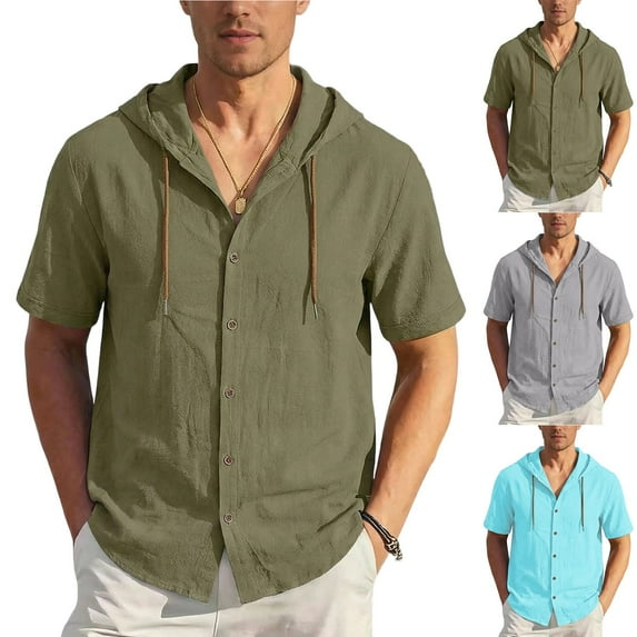 TAGOLD Mens Summer Short Sleeve Hooded Blouse Solid Color Thin Breathable Cardigan Top