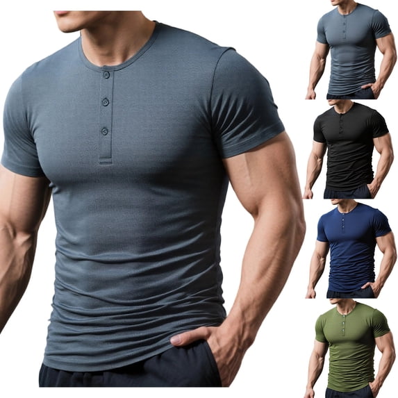 TAGOLD Mens Summer Short Sleeve Round-Neck Blouses & Shirts Solid Color 3 Button Casual Top