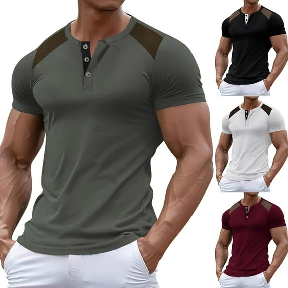 TAGOLD Mens Summer Short Sleeve Round-Neck Blouses & Shirts Solid Color Button Color Casual Top
