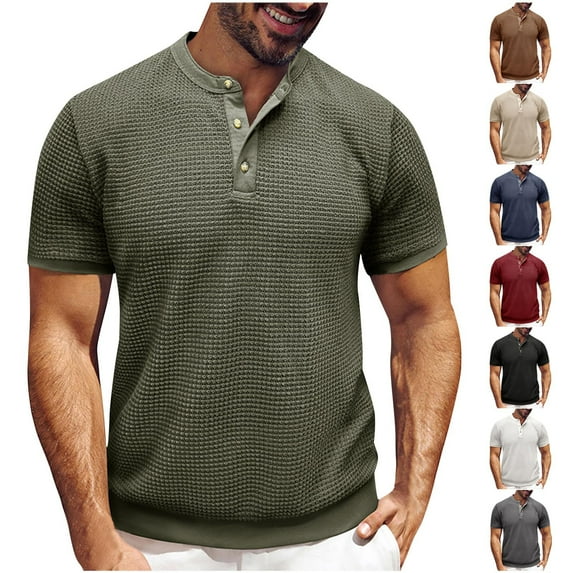 TAGOLD Mens Summer Short Sleeve Round-Neck Blouses & Shirts Solid Color Button Fitness Sports Top