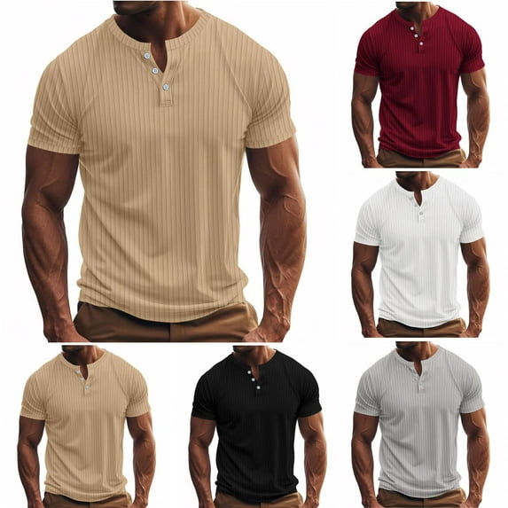 TAGOLD Mens Summer Short Sleeve Round-Neck Blouses & Shirts Solid Color Button Pullover Top