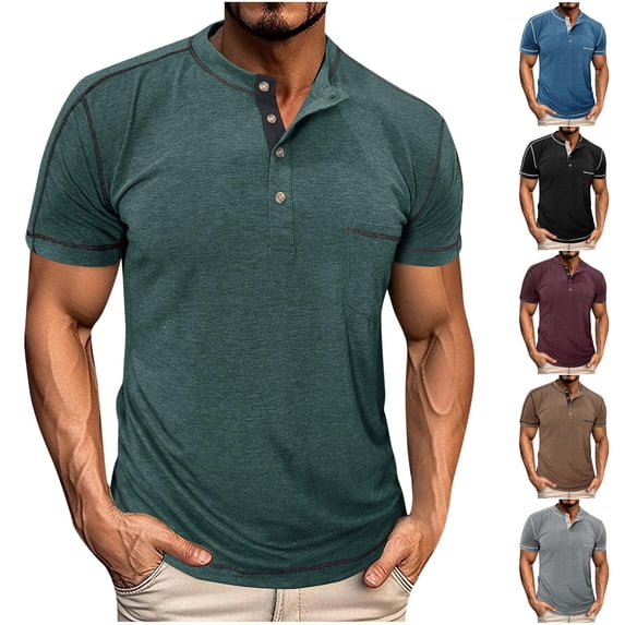 TAGOLD Mens Summer Short Sleeve Round-Neck Blouses & Shirts Solid Color Button Pullover Top
