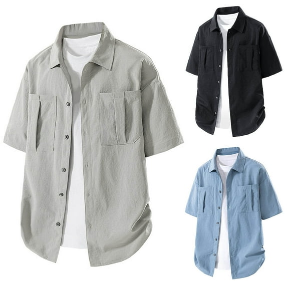TAGOLD Mens Summer Short Sleeve Round-Neck Blouses & Shirts Solid Color Loose Fitness Sports Top