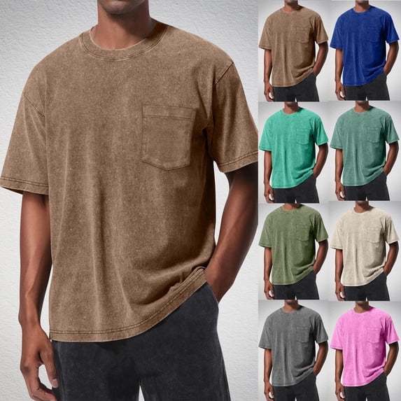 TAGOLD Mens Summer Short Sleeve Round-Neck Blouses & Shirts Solid Color Pocket Vintage Wash Top