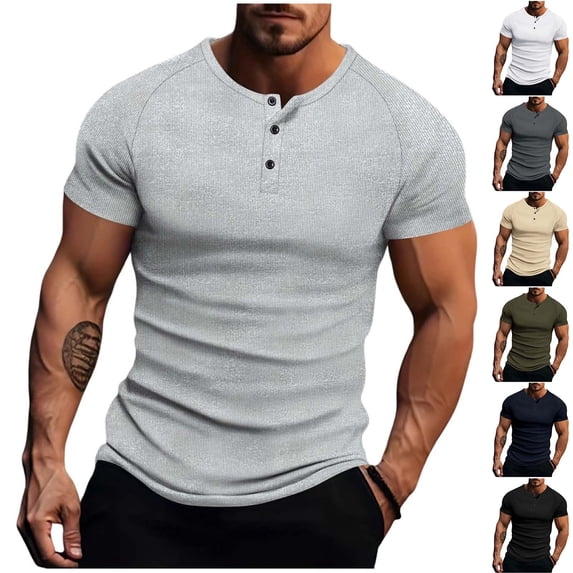 TAGOLD Mens Summer Short Sleeve Round-Neck Blouses & Shirts Solid Color Ribbed Half Button Casual Top