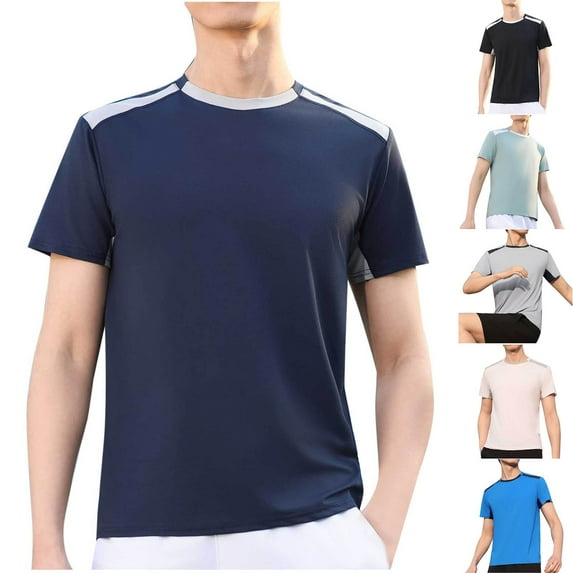 TAGOLD Mens Summer Short Sleeve Round-Neck Blouses & Shirts Solid Color Stretch Sports Casual Top