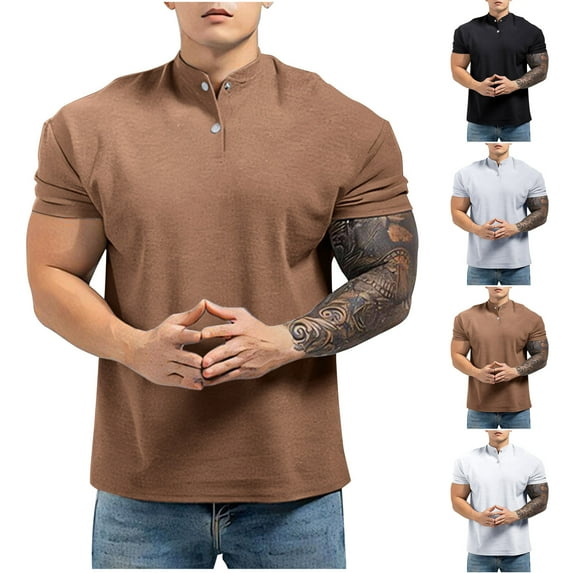 TAGOLD Mens Summer Short Sleeve Stand Collar Blouse & Shirt Solid Color Casual Top