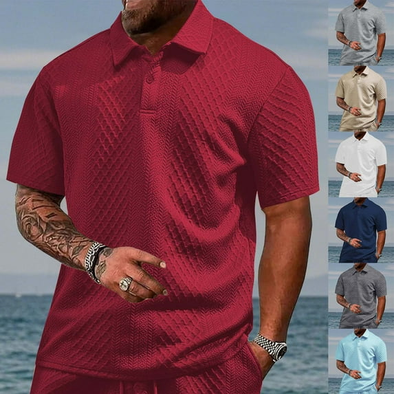 TAGOLD Mens Summer Short Sleeve Turndown collar Blouse & Shirt Solid Color Breathable Fabric Daily Top