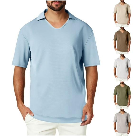 TAGOLD Mens Summer Short Sleeve Turndown collar Blouse & Shirt Solid Color Casual Top