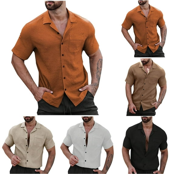 TAGOLD Mens Summer Short Sleeve Turndown collar Blouse & Shirt Solid Color Linen Pocket Button Casual Top