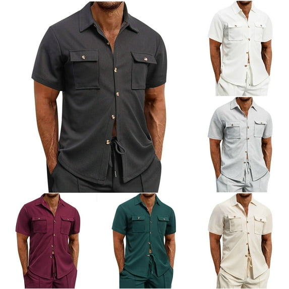 TAGOLD Mens Summer Short Sleeve Turndown collar Blouse & Shirt Solid Color Pocket Button Top