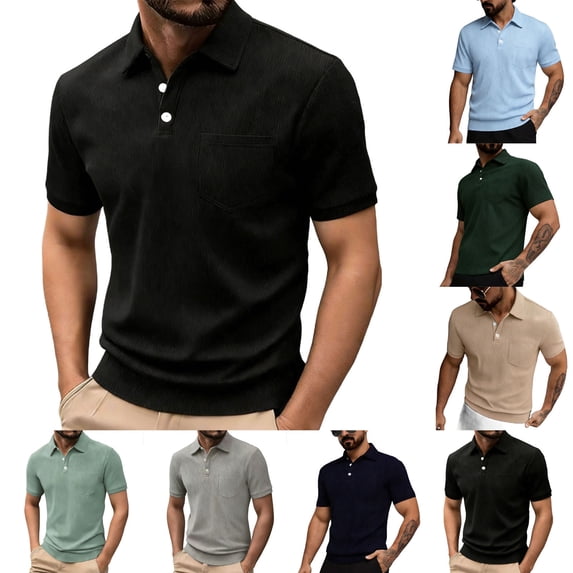 TAGOLD Mens Summer Short Sleeve Turndown collar Blouse & Shirt Solid Color Pocket Half Button Top