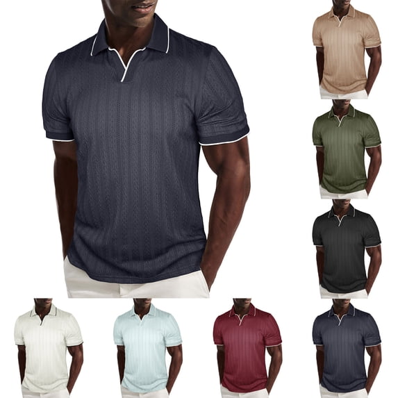 TAGOLD Mens Summer Short Sleeve Turndown collar Blouse & Shirt Solid Color Small V Neck Stretch Golf Top