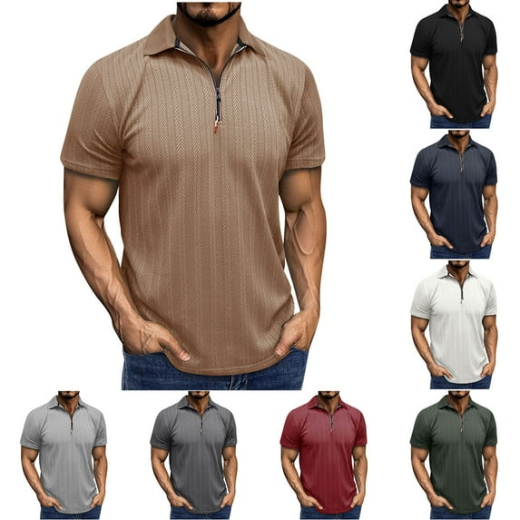 TAGOLD Mens Summer Short Sleeve Turndown collar Blouse & Shirt Solid Color Zipper Casual Top