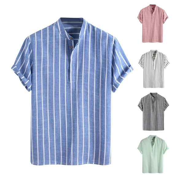 TAGOLD Mens Summer Short Sleeve Turndown collar Blouse & Shirt Stripe Print Button Casual Top