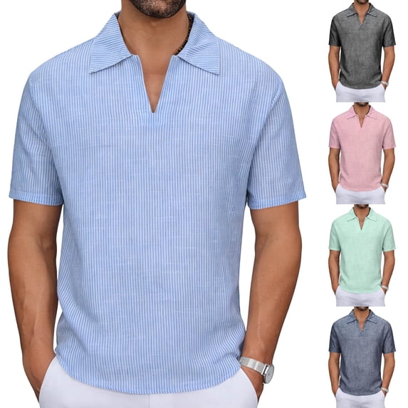 TAGOLD Mens Summer Short Sleeve V-Neck Blouses & Shirts Slub Linen Stripe Print Top