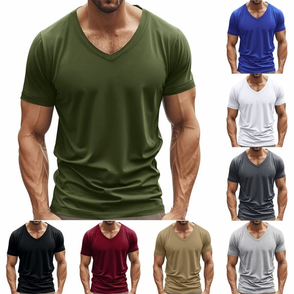 TAGOLD Mens Summer Short Sleeve V-Neck Blouses & Shirts Solid Color Breathable Comfy Fabric Active Wear Top