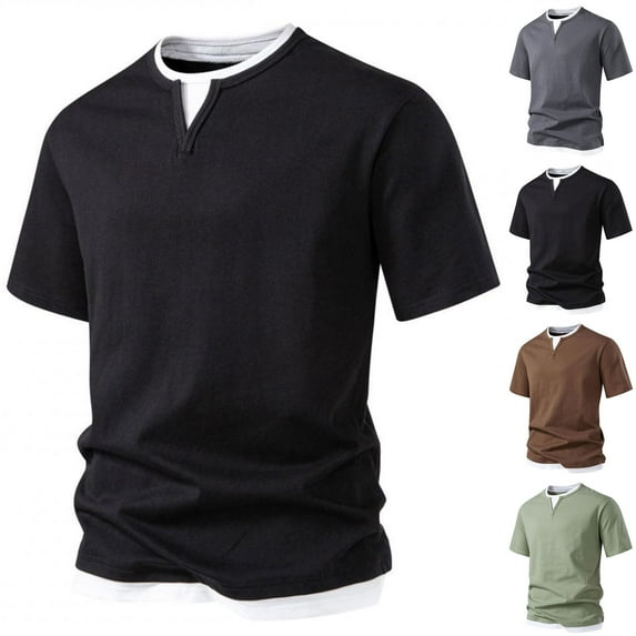 TAGOLD Mens Summer Short Sleeve V-Neck Blouses & Shirts Solid Color Double V Neck Plus Size Top