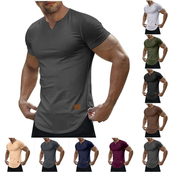 TAGOLD Mens Summer Short Sleeve V-Neck Blouses & Shirts Solid Color Ribbed Texture Casual Top