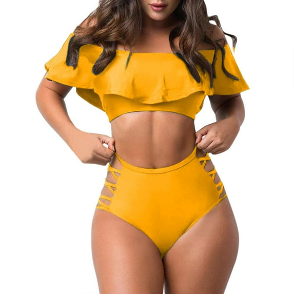 TAGOLD High Waist Bikini Set, Push Up Swimsuit, Bathing Suit, Swimsuits For Women 2 Piece Hawaiian Tropical Print Swim Cami Bra And Ruffles Bathing Sets Beachwear