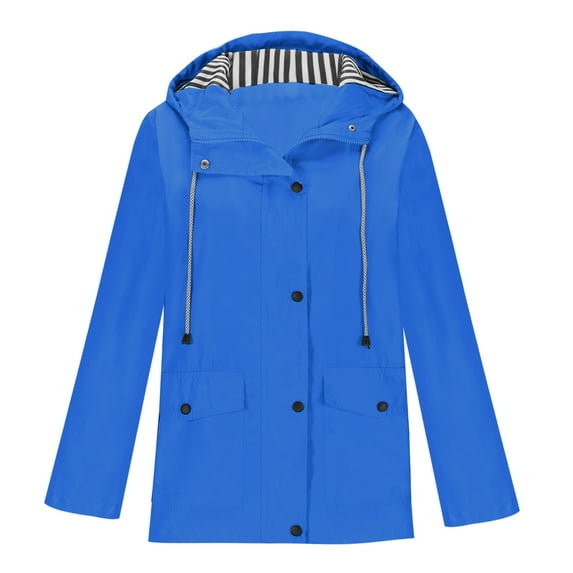 TAGOLD Raincoat Women Winter Jacket,Womens Plus Size Hooded Trench Coats,Women Solid Rain Jacket Outdoor Hooded Raincoat Windproof Top Lined Windbreaker Travel Jacket Blue L