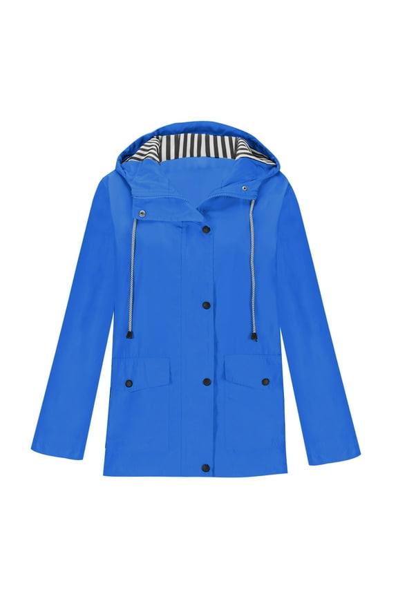 Raincoat Women Winter Jacket,Womens Plus Size Hooded Trench Coats,Women Solid Rain Jacket Outdoor Hooded Raincoat Windproof Top Lined Windbreaker Travel Jacket Blue L