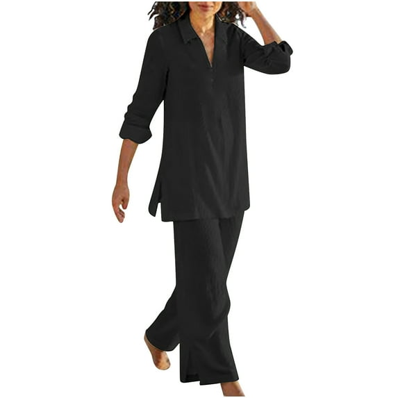 TAGOLD Savings Clearance 2023! for Womens Two Piece Outfits Sets,Fashion Women Summer Casual Solid Long Sleeve Blouses Botton Turndown Collar Tops Long Pants