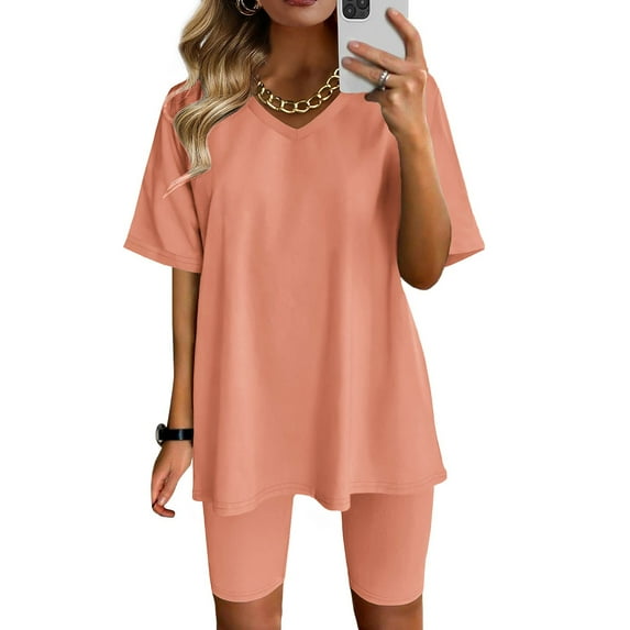 TAGOLD Savings Clearance 2023! for Womens Two Piece Outfits Sets,Women Fashion V-Neck Blouse Short Sleeve Tops Shorts Casual Suit Sets