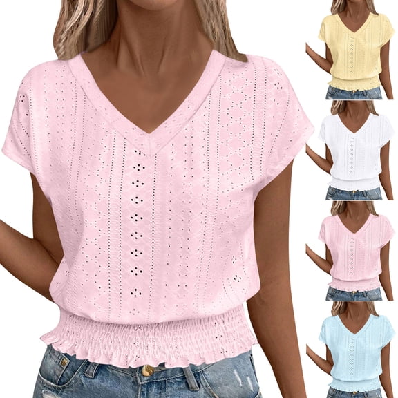 TAGOLD Summer Casual Tops,Plus Size T-shirt Blouse for Womens, Ladies New Short-sleeved V-neck Solid Color Hollow Casual Top,Short Sleeve V-Neck Blouses & Shirts