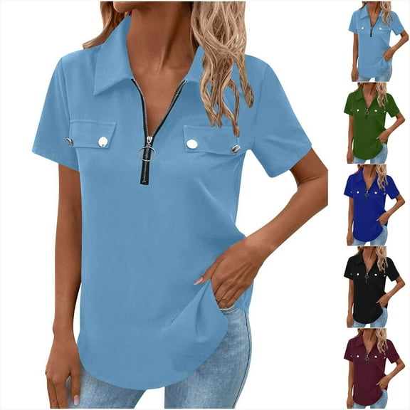 TAGOLD Summer Casual Tops,Plus Size T-shirt Blouse for Womens, Ladies New Solid Color Lapel Chest Fake Pocket Zipper Casual Top,Short Sleeve Turndown Collar Blouse & Shirt
