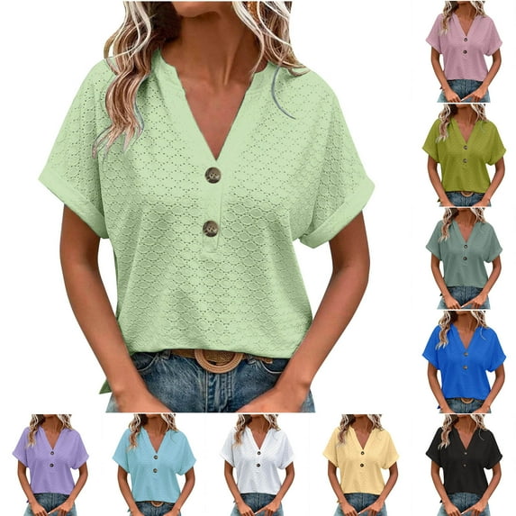 TAGOLD Summer Casual Tops,Plus Size T-shirt Blouse for Womens, Women's Fashion Casual Solid Color Button V-neck T-shirt Short Sleeved V-neck Top/shirt,Short Sleeve V-Neck Blouses & Shirts